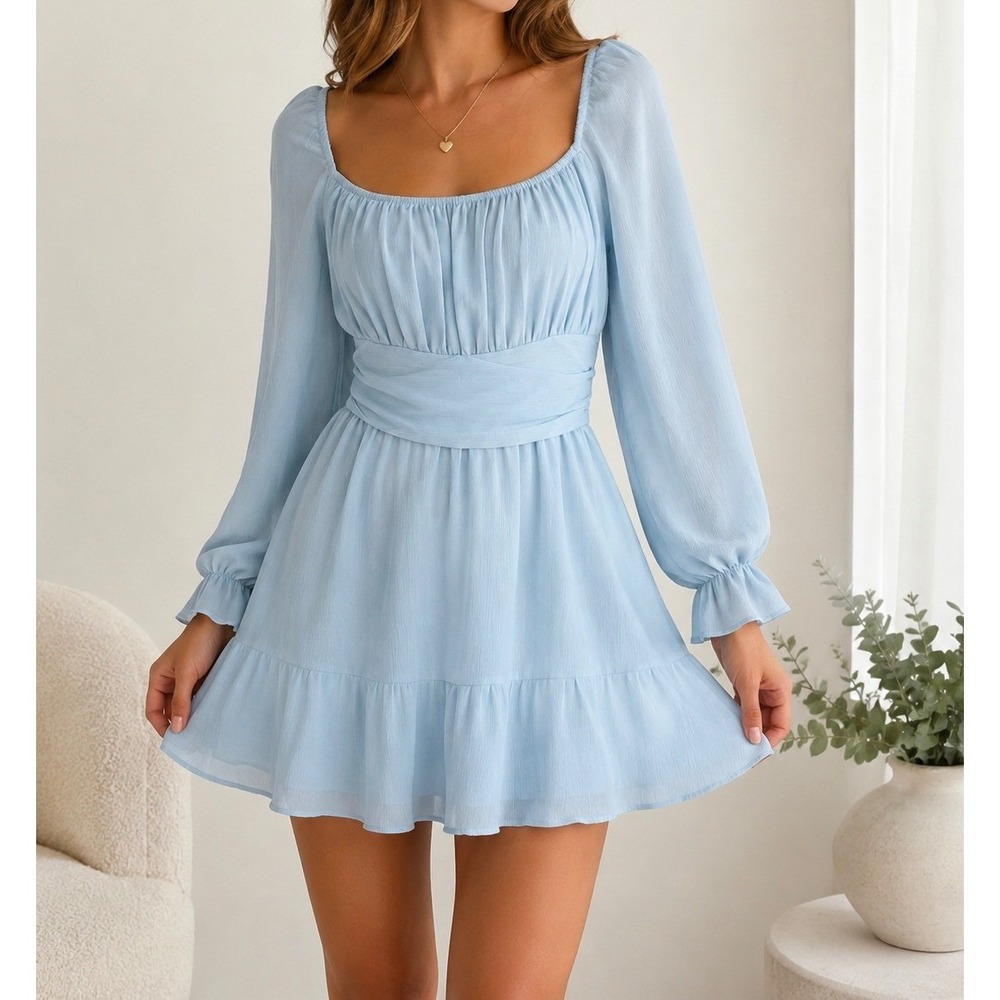 EXLURA Womens Lantern Sleeve Tie Back Casual Dress Ruffled  size M 0014
